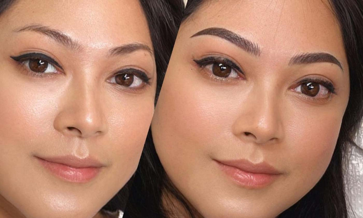 Woman before and after eye brow tattoo