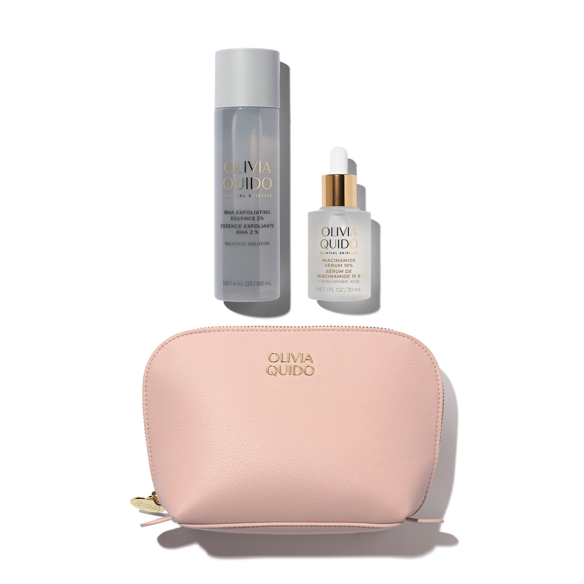 Olivia Quido Skincare Skin Refining Set featuring BHA, Niacinamide and a pink cosmetic bag