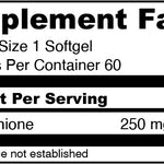 Supplement facts label for GlutaPro Rx showing L-Glutathione dosage of 250 mg per softgel.