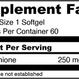 Supplement facts label for GlutaPro Rx showing L-Glutathione dosage of 250 mg per softgel.